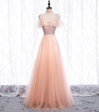 Pink tulle sequins long prom dress HZ1023