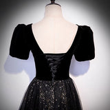 Black velvet tulle long prom dress A line evening gown HZ1023