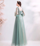 Green tulle lace long A line prom dress evening dress HZ1023