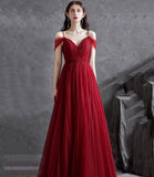 Burgundy v neck tulle long prom dress evening dress HZ1023