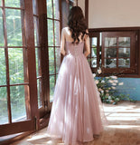 Pink tulle lace long A line prom dress evening gown HZ1023