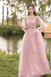 Pink Tulle Long A-Line Ball Gown Evening Gown Bridesmaid Dresses HZ1023