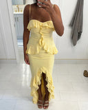 Yellow Vintage A-Line Spaghetti Strap Chiffon Bodycon Ruffle Long Ball Gown HZ1023