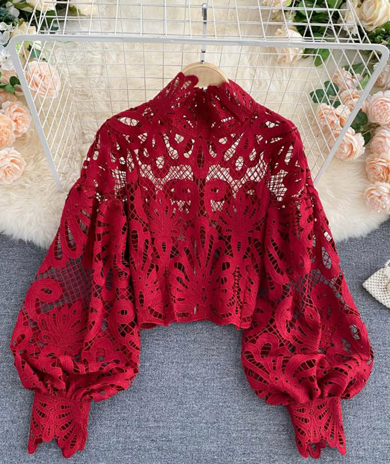 Stylish hollow lace top puff sleeve top HZ1023