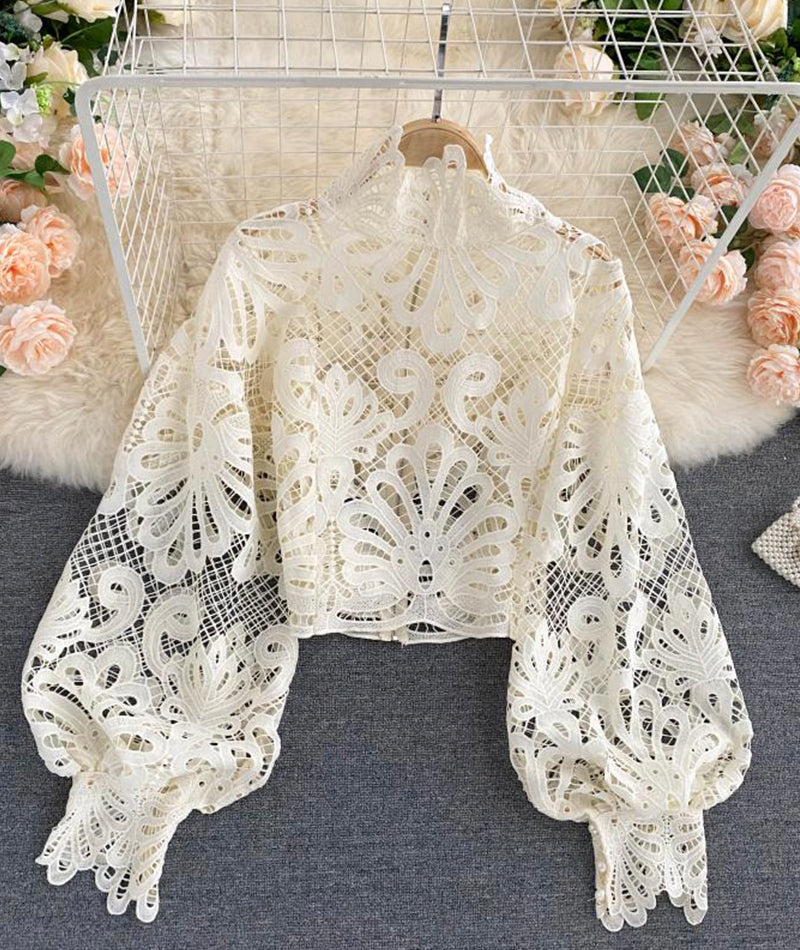 Stylish hollow lace top puff sleeve top HZ1023