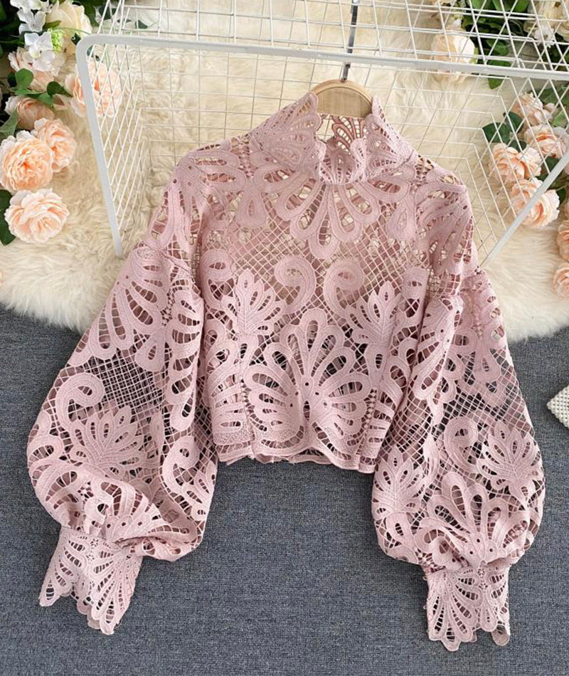Stylish hollow lace top puff sleeve top HZ1023