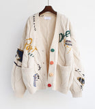 Burgundy/pink/white new retro fashion loose casual colorful button design cardigan sweater HZ1023