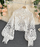 Stylish hollow lace top puff sleeve top HZ1023