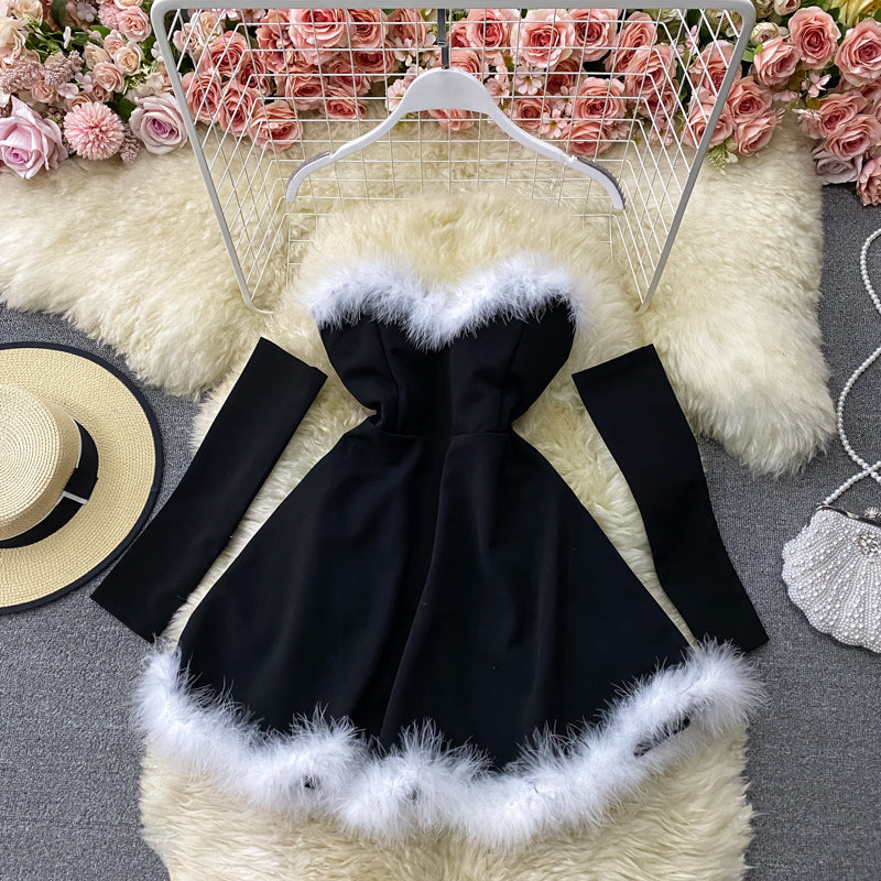 Red/black fashion heart-shaped collar sexy waist slimming off-shoulder Christmas birthday dress HZ1023