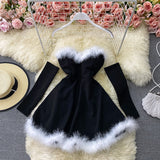 Red/black fashion heart-shaped collar sexy waist slimming off-shoulder Christmas birthday dress HZ1023