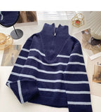 Lapel Half Zip stripe contrast panel long sleeve top HZ1023