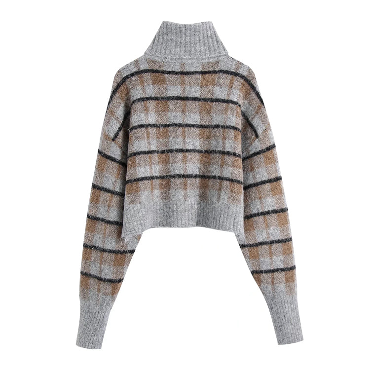 New lazy high neck slim plaid sweater HZ1023
