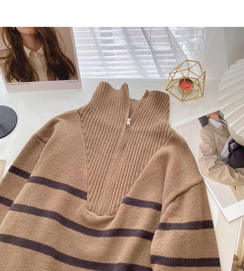 Lapel Half Zip stripe contrast panel long sleeve top HZ1023
