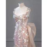 pink gorgeous sparkling pretty mermaid ball gown with detachable bow long elegant sequin formal prom dress eveng Dress Party Dress HZ1023
