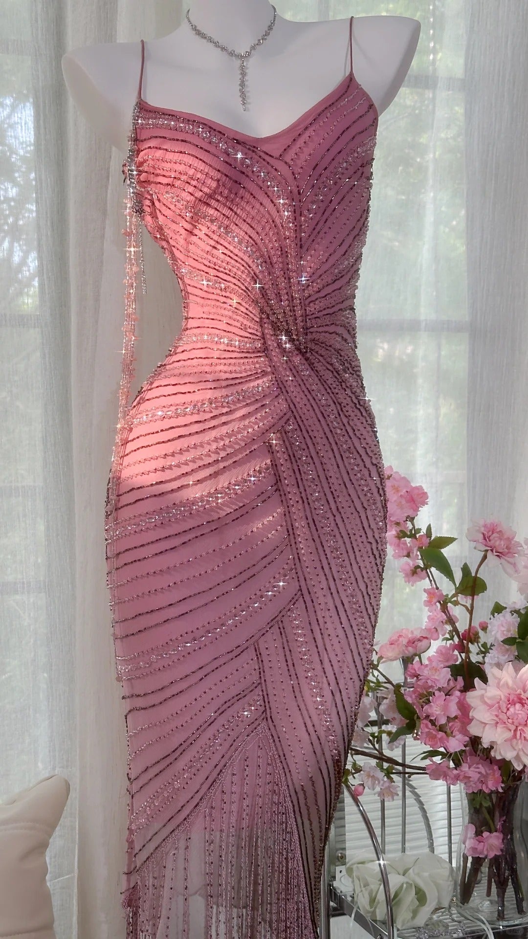 Pink Elegant Gorgeous Exquisite Beaded Tassel Midi/Short Tulle Chiffon Homecoming Dress Cocktail Party Dress Ball Dress Evening Dress Birthday Party Dress Prom Dress HZ1023